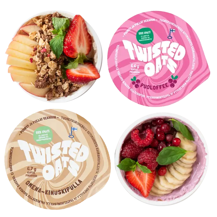 Twisted Oats kauravälipalat Puoloffee ja Omena-kinuskipulla – vegaaninen ja kuitupitoinen välipala tai herkku, Mums Oy